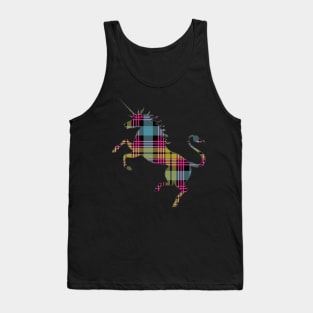 Scottish Pink, Blue and Yellow Tartan Rearing Unicorn Silhouette Tank Top